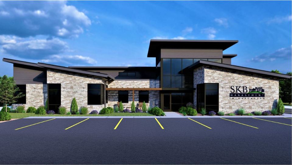 Exterior rendering of management company building with various modern rooflines
