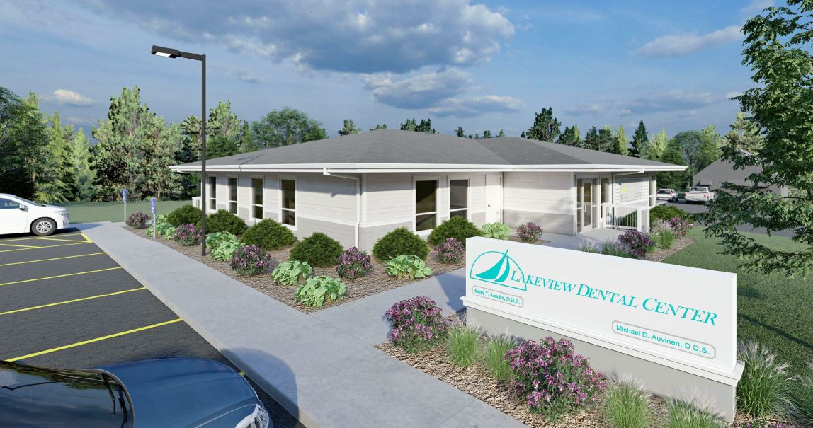 Exterior rendering of small dental practice with landscaping