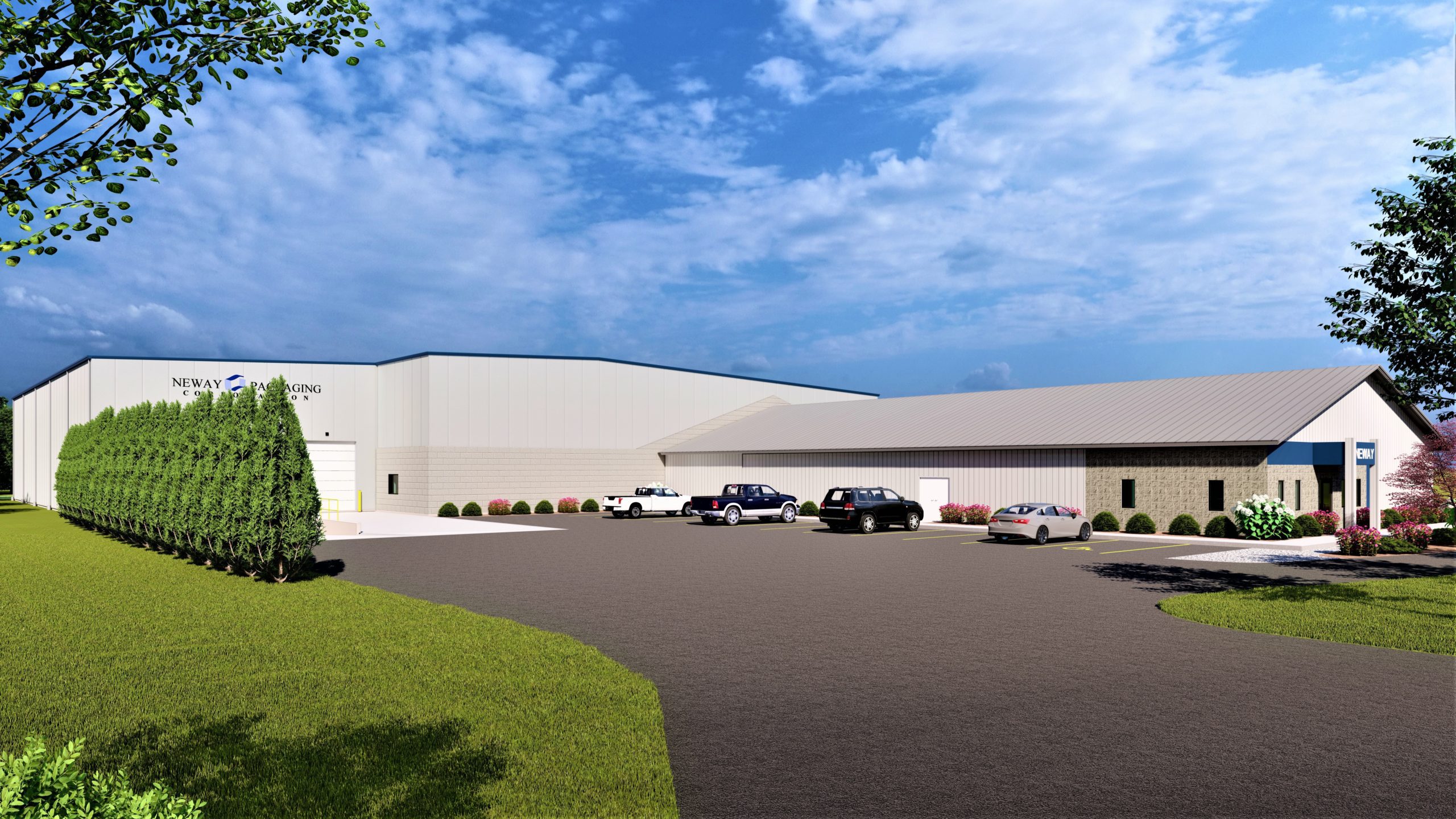 Exterior rendering of packaging industrial facility