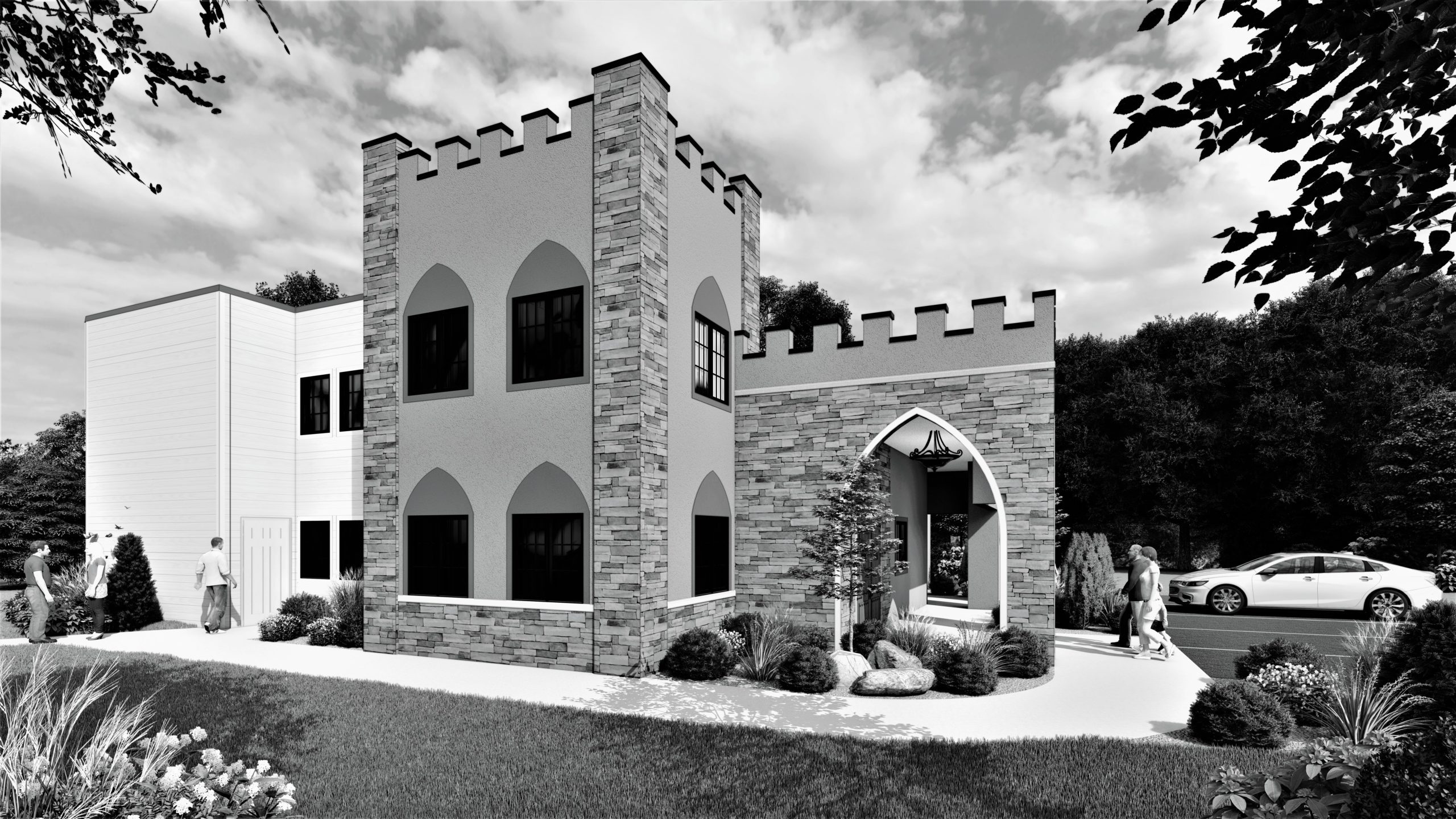 Exterior rendering of Nobility Reigns castle-style building