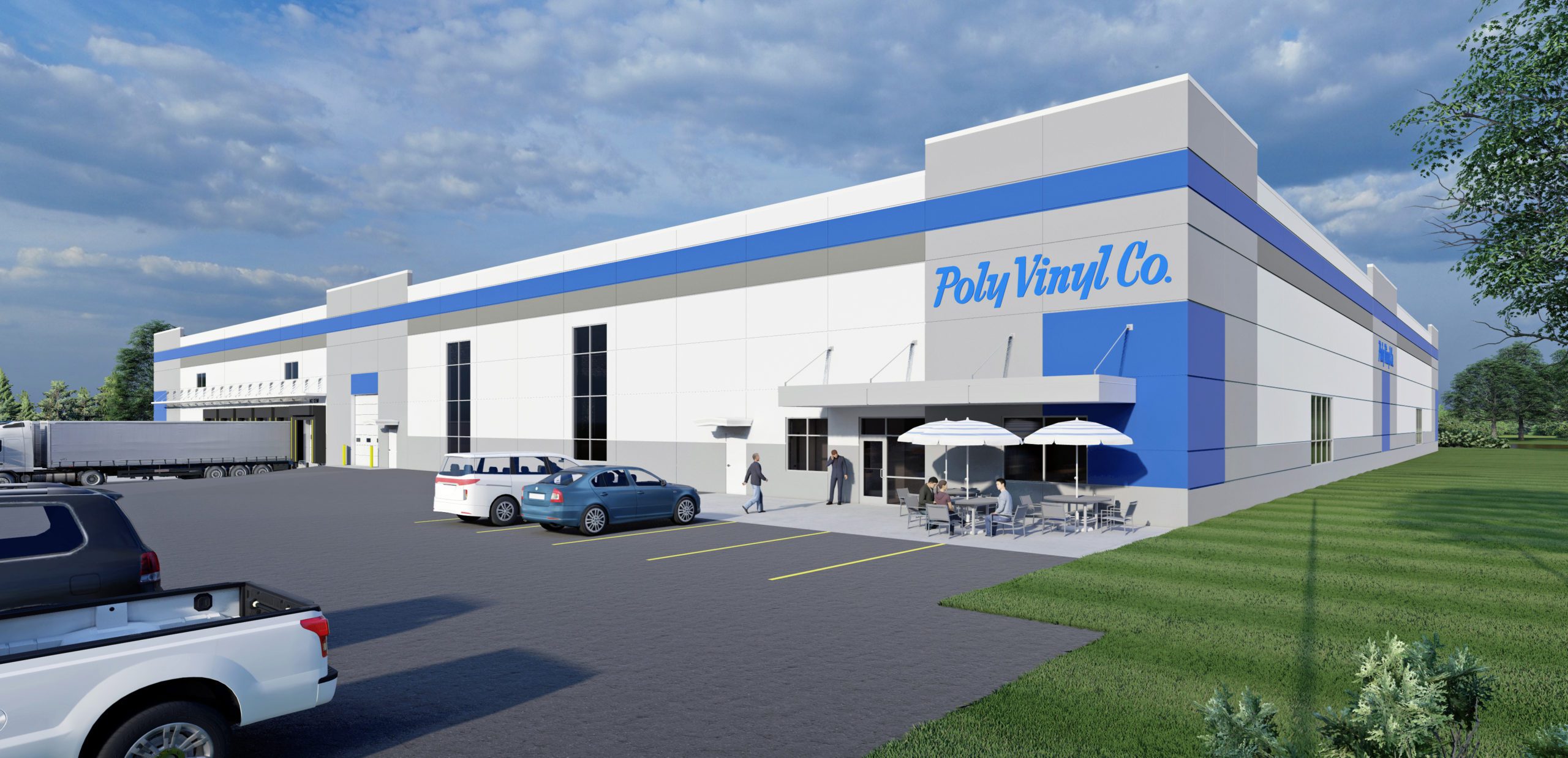 Exterior rendering of Ply Vinyl Co. industrial building with loading dock