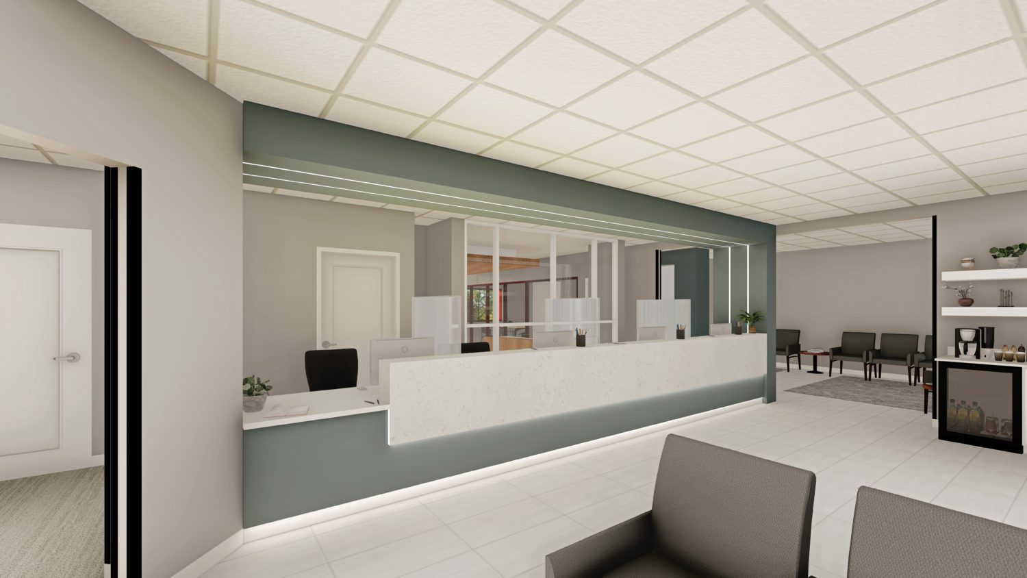 Interior rendering of healthcare facility lobby