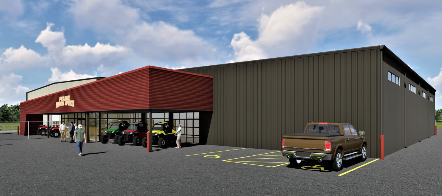 Exterior rendering of motor sport retail space with UTVs in front