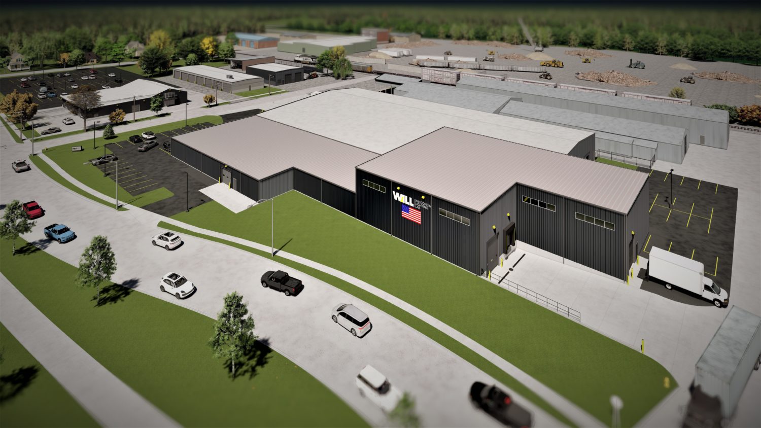 Exterior aerial rendering of warehouse industrial building with loading dock