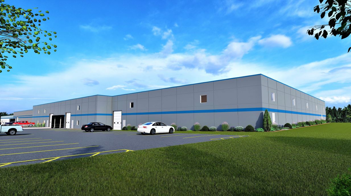 Exterior rendering of two story industrial building with parking lot