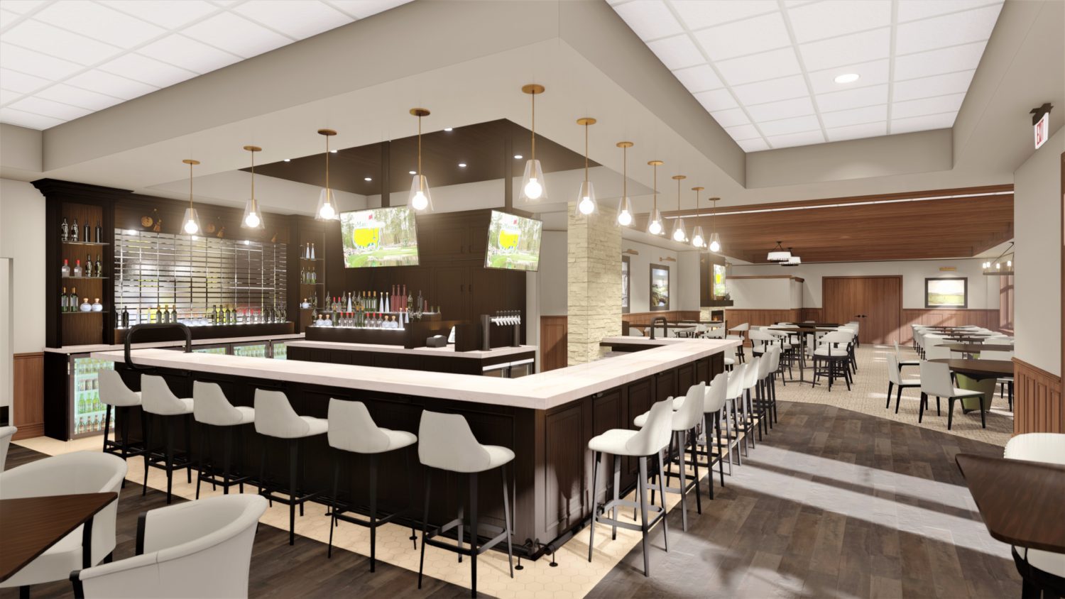 Country club interior dining space and bar rendering