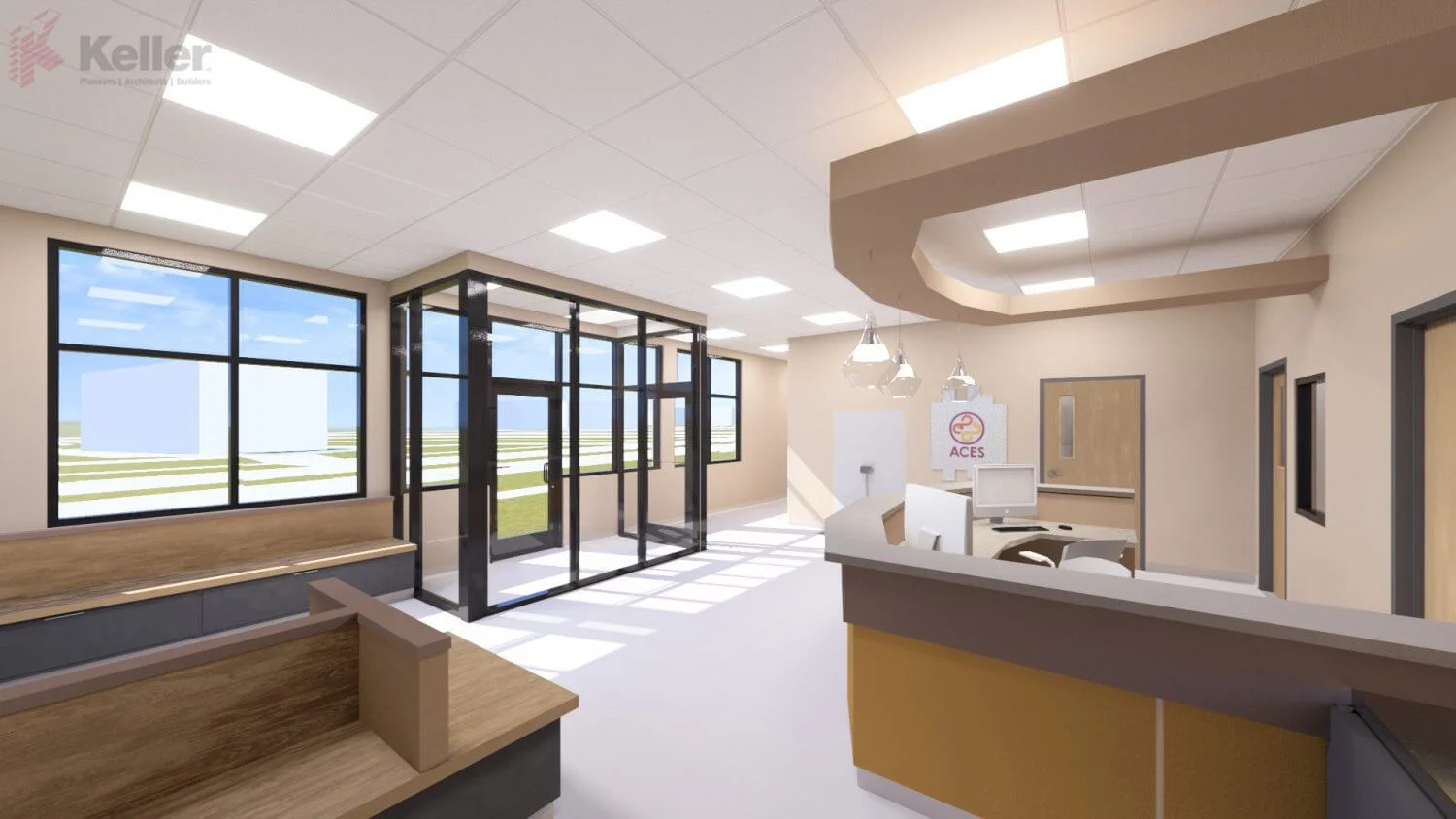 Modern interior design of an office reception area featuring large windows, a welcoming front desk, and comfortable seating. The space is well-lit with stylish lighting fixtures and a clean, open layout. Ideal for showcasing architectural design and office aesthetics.