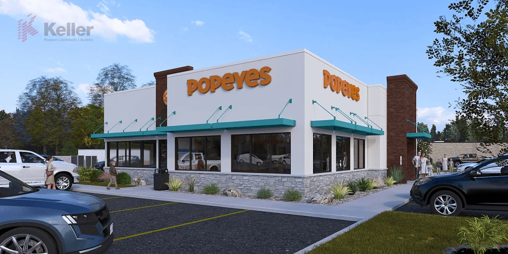 Exterior view of a new Popeyes restaurant featuring a modern design with a stone base and teal awnings, showcasing customers walking towards the entrance and parked vehicles in the parking lot. The image highlights the restaurant's branding and welcoming atmosphere.