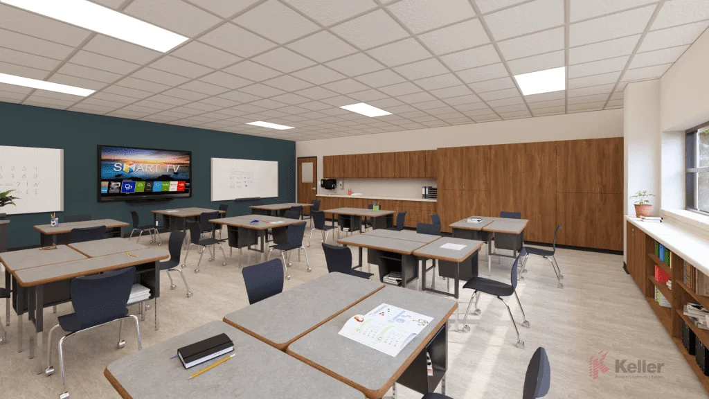 Modern classroom interior featuring organized desks and chairs, a large smart TV mounted on the wall, whiteboards for instructional use, and wooden cabinetry for storage. Natural light streams through a window, enhancing the learning environment.